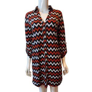 Michael Kors Womens Chevron Button Up Shirt Dress Roll Up Sleeve Red Black SZ 2